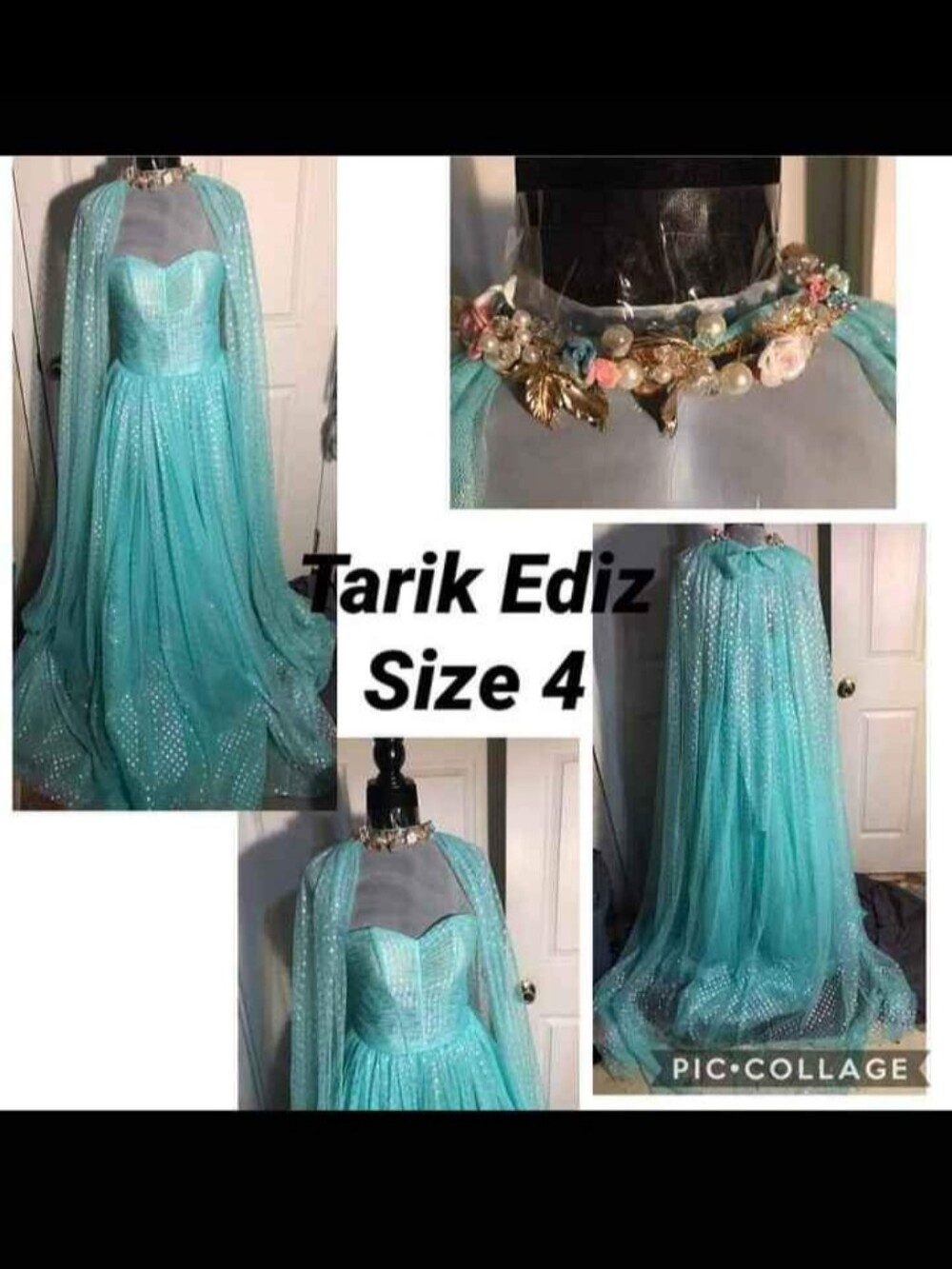 Tarik Ediz Aqua Tulle Ball Gown with Capelet